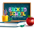 Back to school vector concept design. Back to school ready to learn text in chalkboard object with book, mug holder and apple.