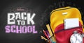 Back to school vector concept design. Back to school text in backpack bag and education supplies with doodle background. Royalty Free Stock Photo