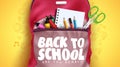 Back to school vector concept design. Back to school text in backpack bag and education supplies with doodle background. Royalty Free Stock Photo