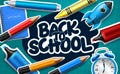 Back to school vector concept design. Back to school text with color pencil, marker and notebook  elements in grid pattern Royalty Free Stock Photo