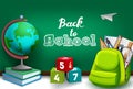 Back to school vector concept design. Back to school text in green chalk board with education supplies.