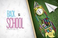 Back to school vector concept design. Back to school creativity text with education supplies in rocket decoration background. Royalty Free Stock Photo