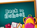 Back to school vector concept design. Back to school text in chalkboard element with student supplies like bag, pencil, notebook.