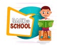 Back to school vector concept design. Back to school text with male kid reading and sitting with book and block learning element. Royalty Free Stock Photo