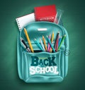 Back to school vector concept design. Welcome back to school text in backpack with educational items of color pencil and notebook. Royalty Free Stock Photo