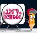 Back to school vector concept design. Welcome back to school text in white board element with pencil character for student. Royalty Free Stock Photo