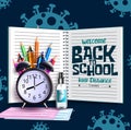 Back to school vector concept design. Welcome back to school keep distance text in notebook page with educational and safety.