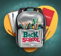 Back to school vector concept design. Welcome back to school text in backpack bag elements with educational items and pattern. Royalty Free Stock Photo