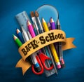 Back to school vector concept with greeting text, colorful school supplies, education elements and lasso Royalty Free Stock Photo