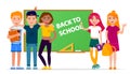 Back to school vector concept illustration with cheerful children cartoon characters gathering near green board isolated Royalty Free Stock Photo