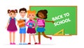 Back to school vector concept illustration with cheerful children cartoon characters gathering near green board isolated Royalty Free Stock Photo