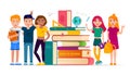 Back to school vector concept illustration with cheerful children cartoon characters gathering at stack of books Royalty Free Stock Photo