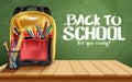 Back to school vector design. Back to school text in chalkboard background with backpack bag and color pencil items for kids. Royalty Free Stock Photo