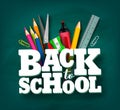 Back to school vector design with 3d title and school items