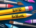 Back to school vector design. Pencils with back to school text and colorful school supplies and elements Royalty Free Stock Photo