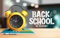 Back to school vector design. Back to school text with alarm clock and notebook elements in wooden desk for educational study. Royalty Free Stock Photo