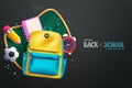 Back to school vector design. Welcome back to school greeting text with backpack schoolbag, alarm clock Royalty Free Stock Photo