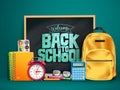 Back to school vector design. Welcome back to school text in chalkboard space with 3d educational supplies