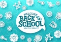 Back to school vector design. Welcome back to school text in speech bubble with paper cut educational logo icons decoration.