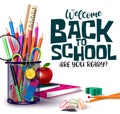 Back to school vector design. Welcome back to school text with student supplies like color pencil, scissor and magnifying glass el