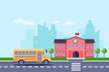 Back to school, vector flat illustration. School building and yellow bus on road. Education background Royalty Free Stock Photo