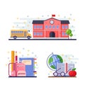 Back to school vector flat illustration. School building, yellow bus and stationery supplies. Education icons. Royalty Free Stock Photo