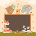 Cartoon Animal Characters holding Schoolbags and Globe learning, reading Book or Textbook, sitting next to Class