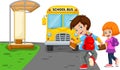 Back to school. Vector illustration of cartoon kids going to school with school bus Royalty Free Stock Photo