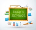 Back to school vector illustration with chalk board, pencil, ruller, objects