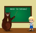 Bear teacher and kawaii schoolboy in uniform near blackboard in classroom
