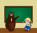 Cute cartoon bear teacher and kawaii schoolgirl near blackboard with copy space in classroom Royalty Free Stock Photo