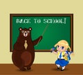 Cute cartoon bear teacher and kawaii schoolgirl near blackboard in classroom Royalty Free Stock Photo