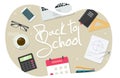 Back to school vector illustration flat graphic table desk top view above image, pupil study education work desktop with homework