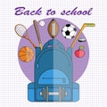 Back to school. Vector illustration in flat style. School-backpack with dumbbell, soccer and basketball balls