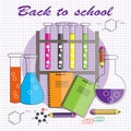 Back to school.Vector illustration in flat style. Chemical reagents with test tubes