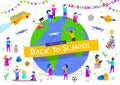 Back to school illustration. Group of active children around a giant globe. Children characters doing different activities