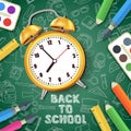 Back to school vector illustration. Realistic 3d yellow alarm clock on green background with doodle school supplies. Royalty Free Stock Photo