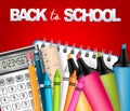 Back to school vector illustration on red background with realistic 3d study supplies