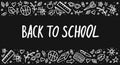 Back to school Vector Lettering and hand-drawn chemistry elements. Template frame on black background. Vector chalck