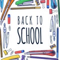 Back to school Vector Lettering and hand-drawn graphic. Template frame on white background. Vector illustration Royalty Free Stock Photo