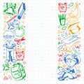 Back to School. Vector pattern with icons and children. Royalty Free Stock Photo