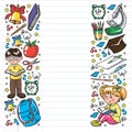 Back to School. Vector pattern with icons and children. Royalty Free Stock Photo