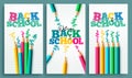 Back to school vector poster set design. Back to school creative text with colorful color pencil art elements in grid background. Royalty Free Stock Photo