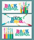 Back to school vector poster set design. Back to school creative text with colorful color pencil art elements in grid background. Royalty Free Stock Photo