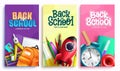 Back to school vector poster set design. Back to school text with rocket, alarm clock and backpack study elements in colorful.