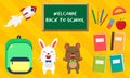 Back to school. Vector set of education icons in kawaii style. Bunny and bear with bow tie, green bag, book, pen, apple Royalty Free Stock Photo