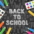 Back to school vector sketch lettering and flat stationery icons. Pen, pencil, brush, paints, ruler on black board background.