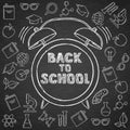 Back to school vector sketch lettering and hand drawn watercolor alarm clock. Royalty Free Stock Photo