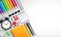 Back to school vector template with colorful school items and set of office supplies Royalty Free Stock Photo