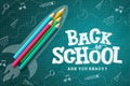 Back to school vector template design. Back to school text in in chalkboard with color pencil elements and doodle background.